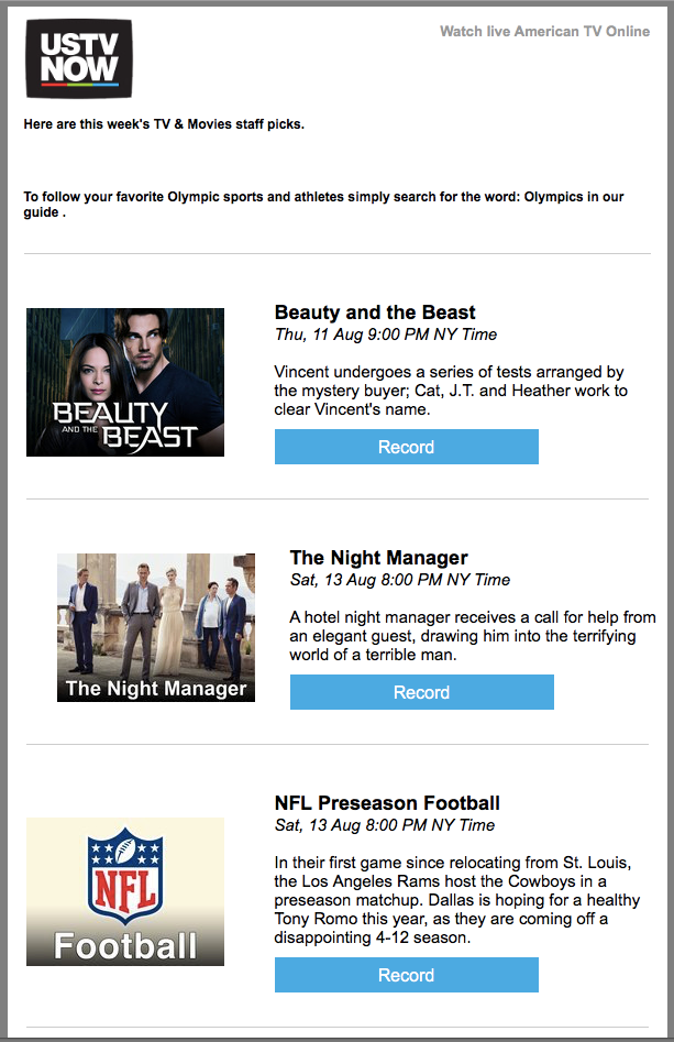 Newsletter from www.ustvnow.com for tv shows