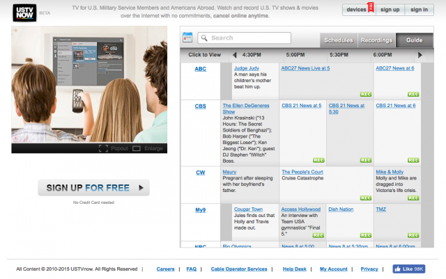 Home page from www.ustvnow.com with TV Guide